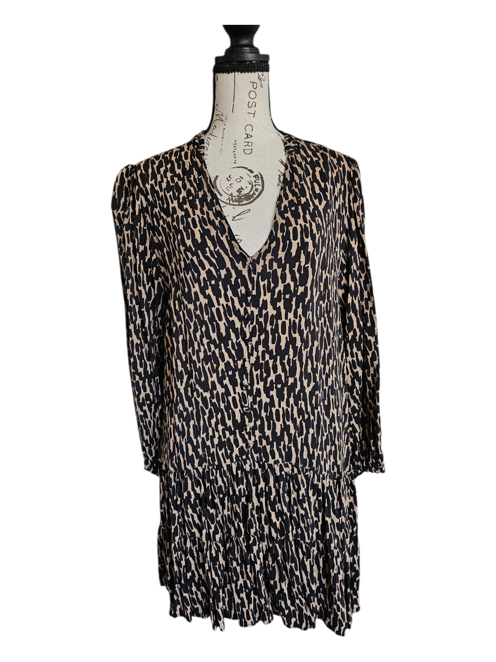 Zara Black & Beige Animal Print V-Neck Dress
